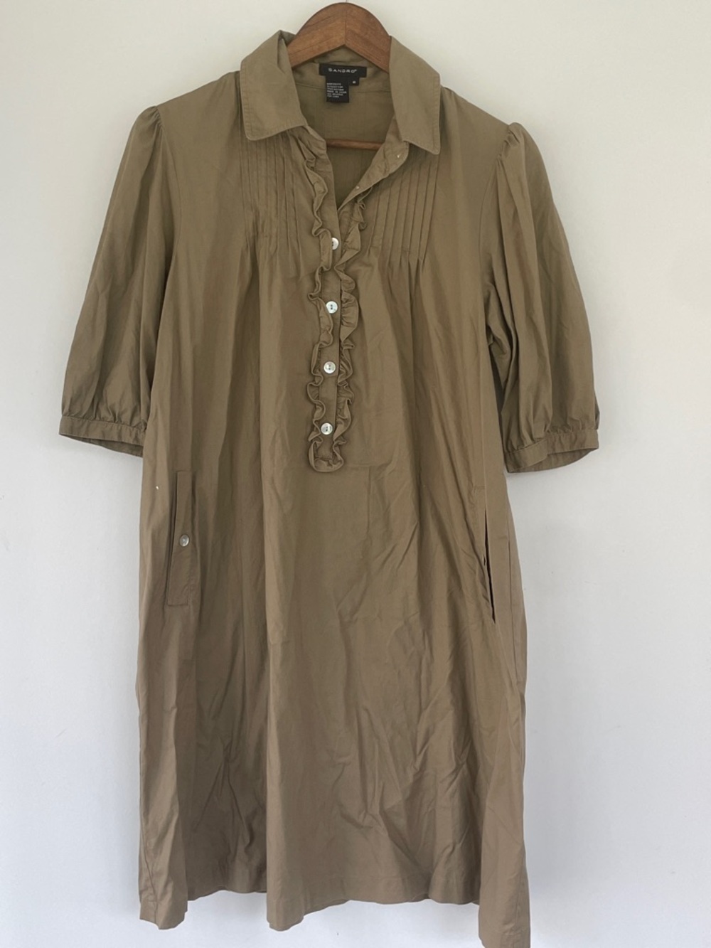 Sandro Women’s Midi Tan Ruffle-Placket Safari Dress size 8